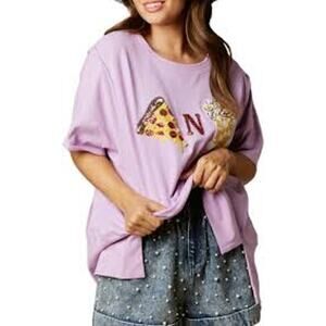 Y2K Sequin Graphic Tee Purple Pizza and Beer - Size Small Game Day Oversized